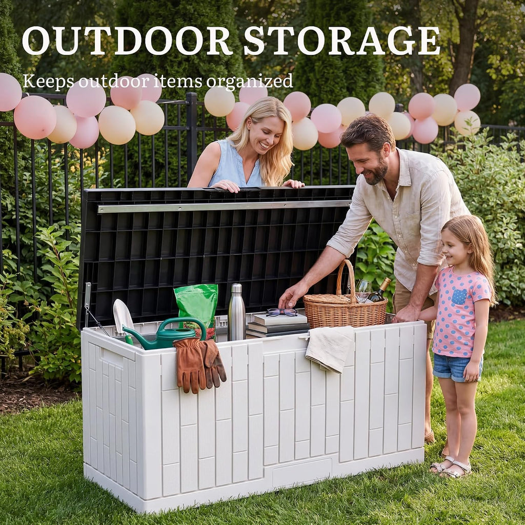 YITAHOME 120 Gallon Outdoor Storage Deck Box, Large Resin Patio Storage with Slide-Locking Black Lid, 2-Person Bench Seat for Outdoor Pillows, Garden Tools & Pool-Supplies, Waterproof, Grayish-White