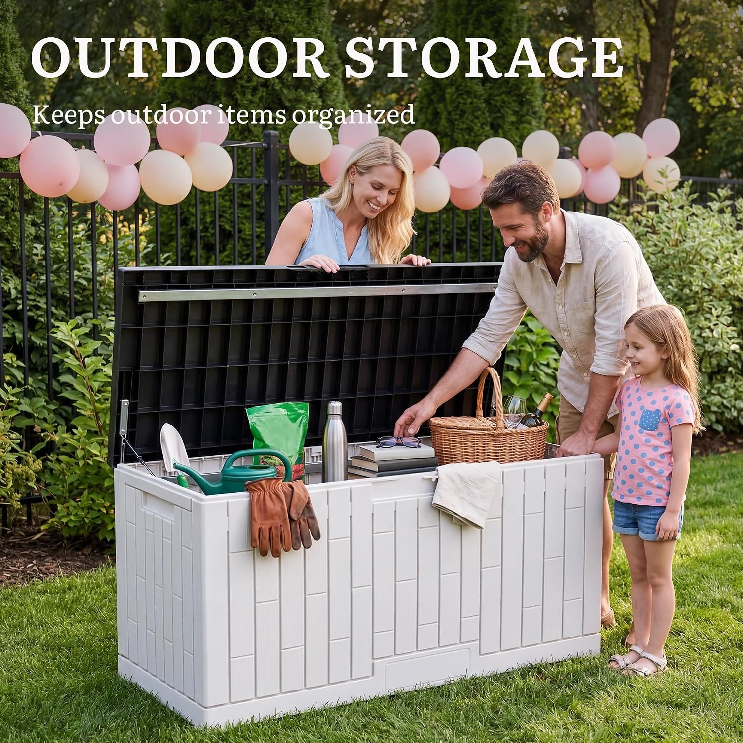 YITAHOME 120 Gallon Outdoor Storage Deck Box, Large Resin Patio Storage with Slide-Locking Black Lid, 2-Person Bench Seat for Outdoor Pillows, Garden Tools & Pool-Supplies, Waterproof, Grayish-White