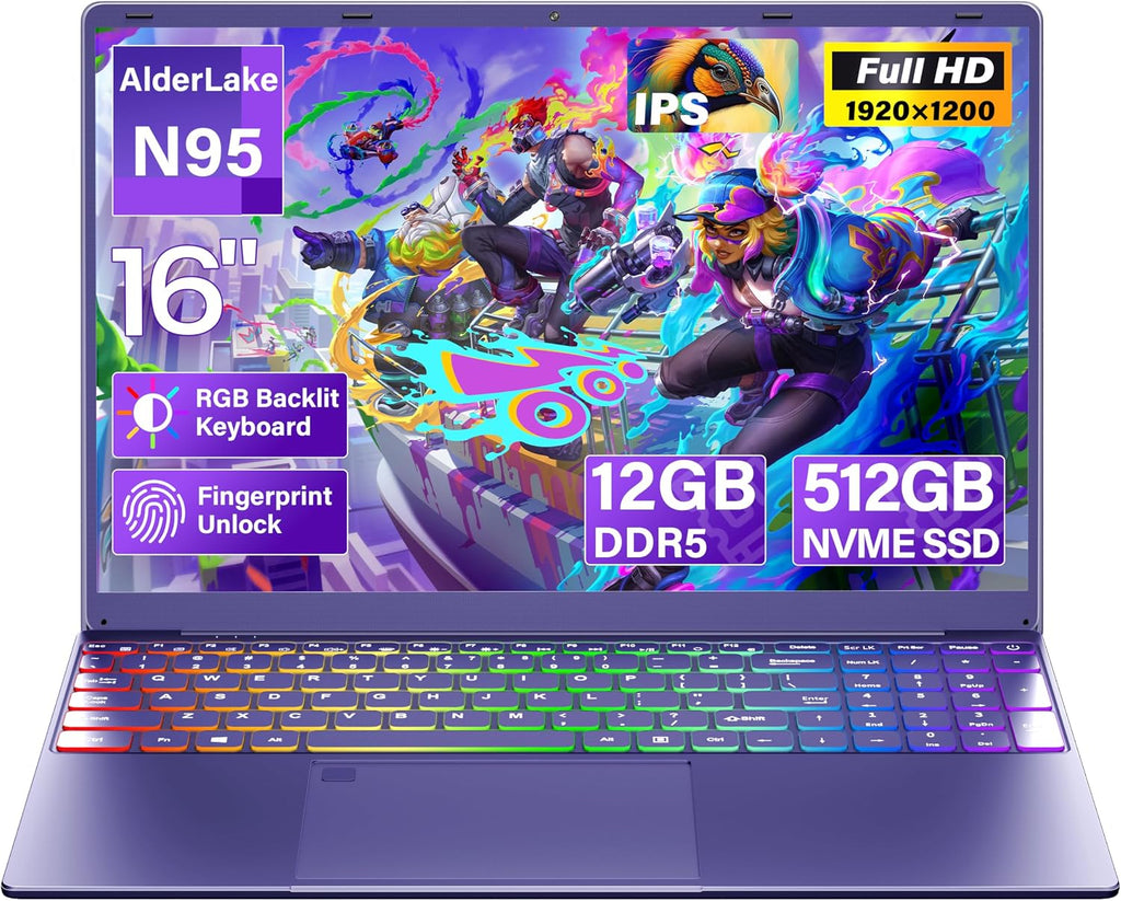 16' Purple Laptop Computer - 512GB NVMe SSD 12GB LPDDR5 RAM, N95 Processor, 1920X1200 FHD IPS, RGB Backlit Keyboard, Fingerprint, Win 11 Pro, Ergonomic Design for Students Business Home Use