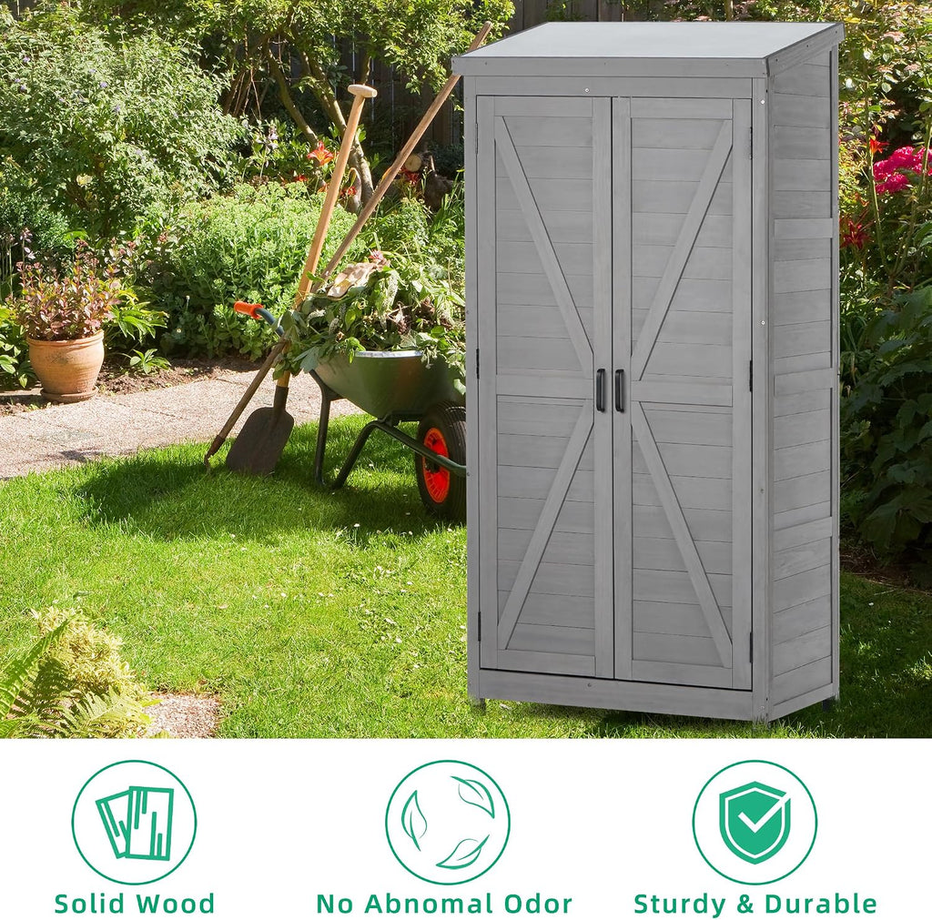 68 Inches Outdoor Storage Cabinet and Metal Top,Garden Shed,Outdoor Wood Tall Shed for Yard Patio，Outdoor Wooden with Top Vertical Tool Backyard Garden Patio Lawn (Gray)