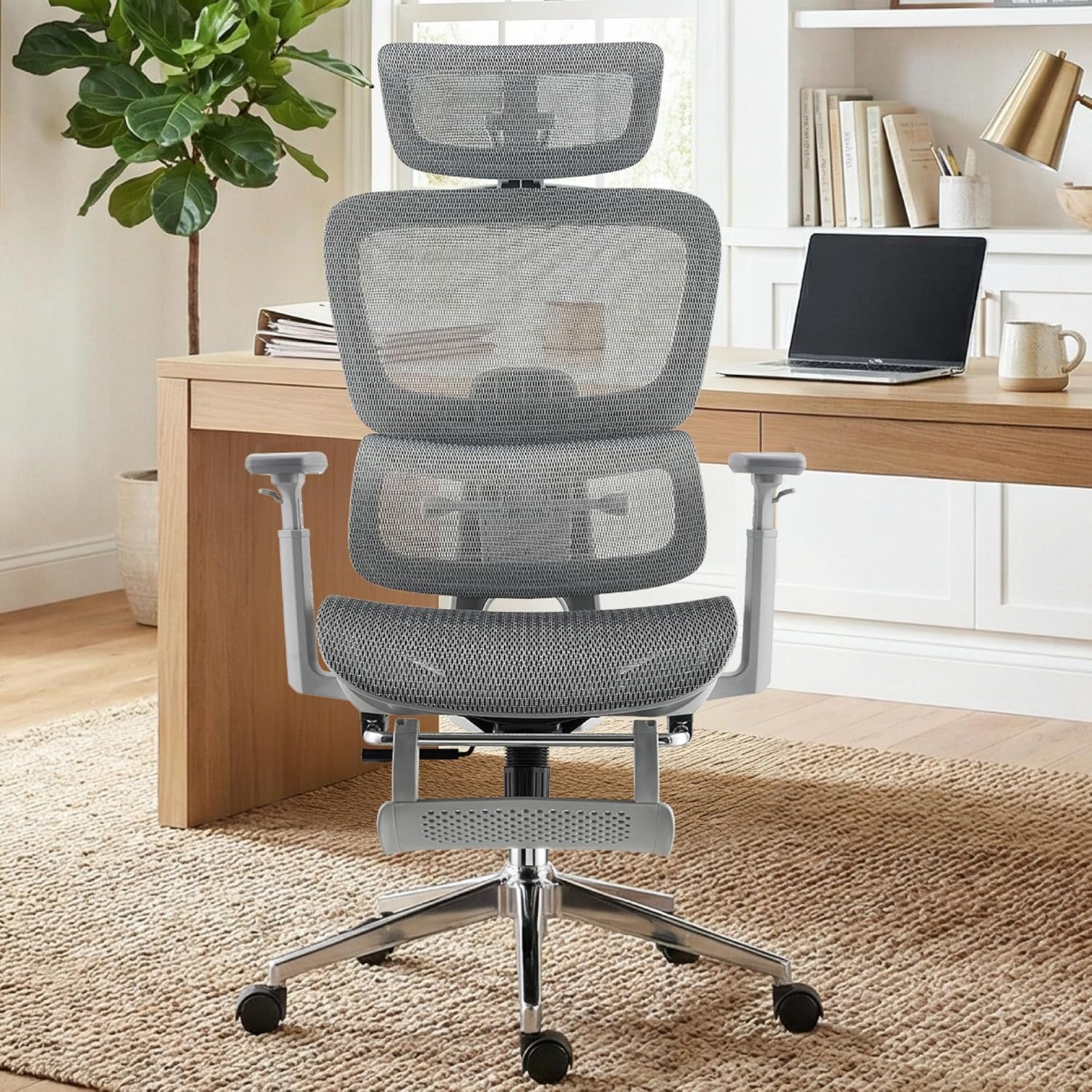 Ergonomic Office Chair, Home Mesh Desk Computer Chair, Comfortable Gaming Chair with Footrest, Wheels, Adjustable 2D Headrest, Lumbar Support, High Back and 3D Armrest, Grey