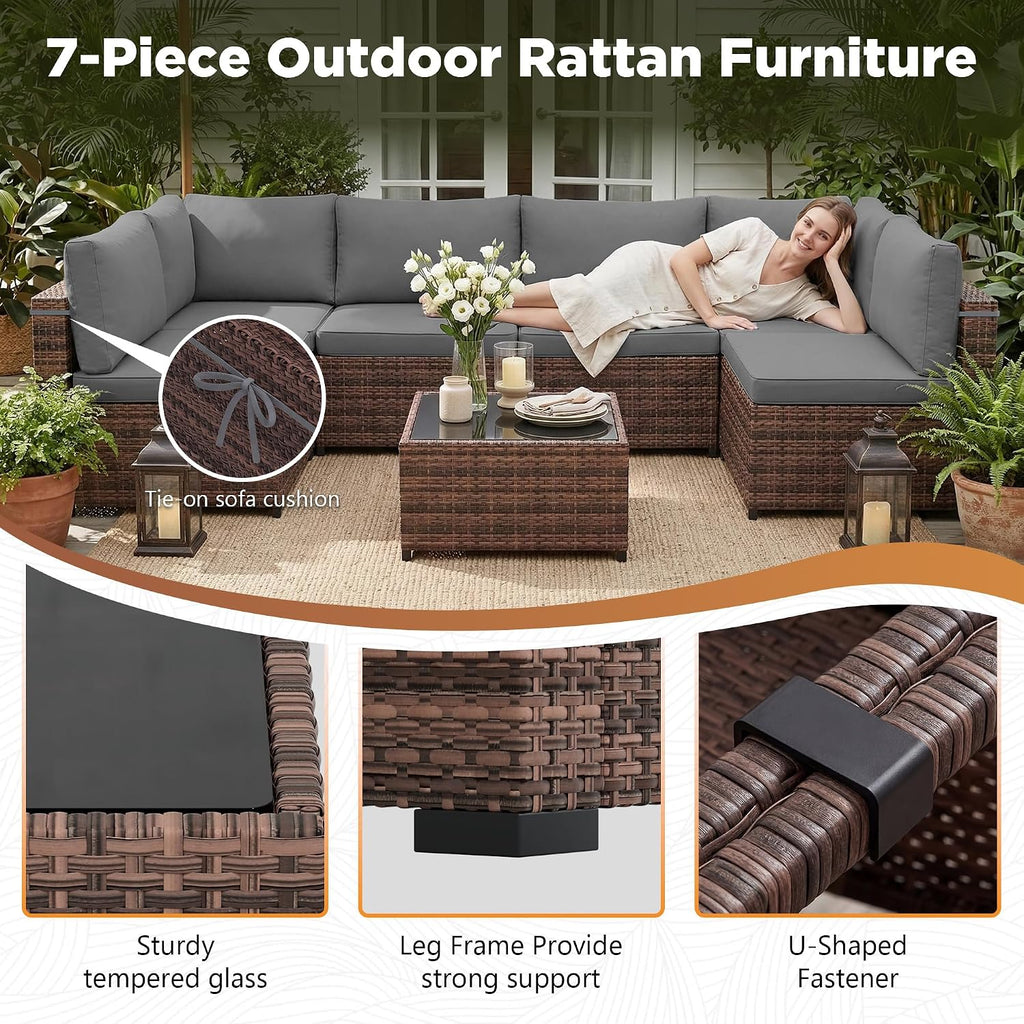 LHBcraft 7 Pieces Outdoor Wicker Rattan Patio Furniture with Rain Cover, Wicker Rattan Outdoor Sectional Sofa Set with Coffee Table & Gery Cushions for Garden, Poolside