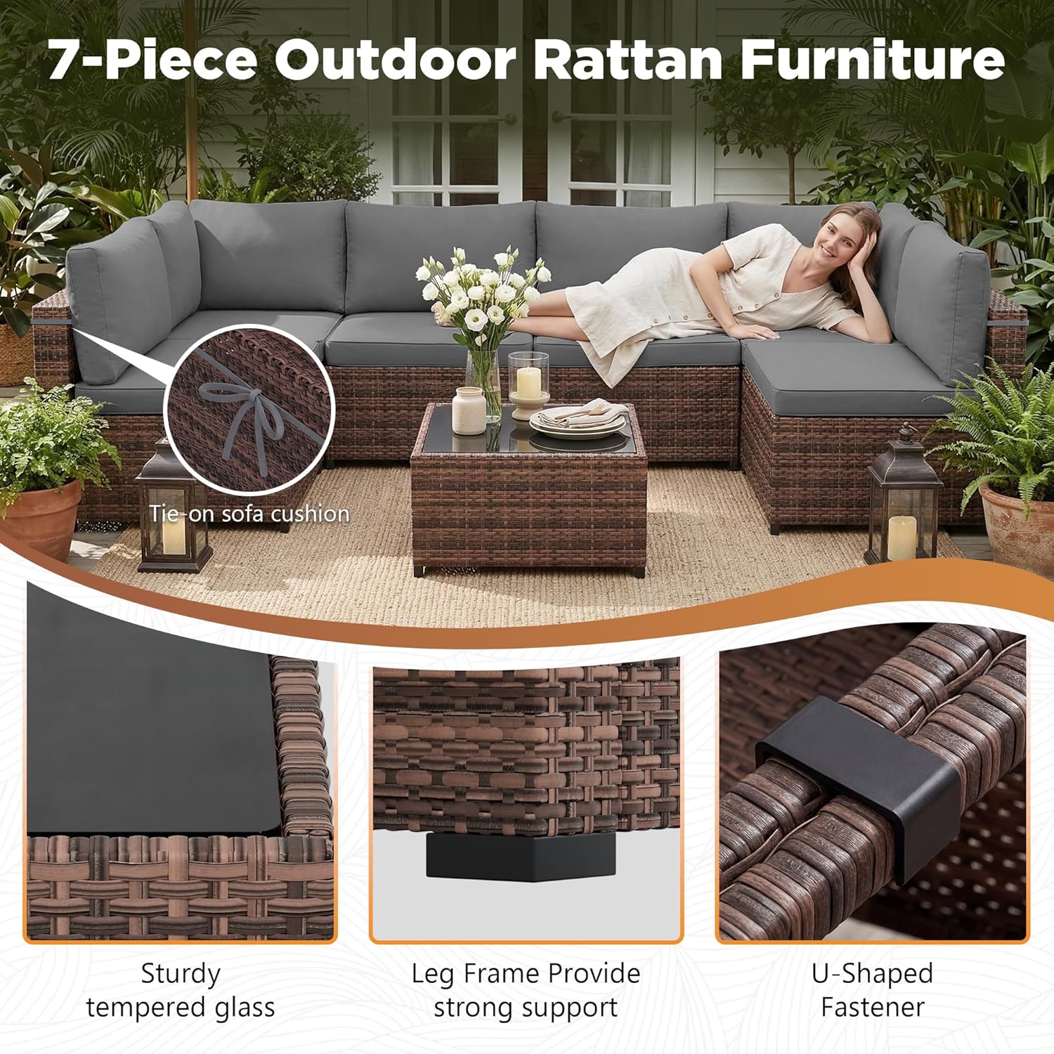 LHBcraft Patio Furniture Set with Rain Cover,7 Pieces Outdoor Wicker Rattan Patio Furniture, Wicker Rattan Outdoor Sectional Sofa Set with Coffee Table for Garden, Poolside Taupe-Grey