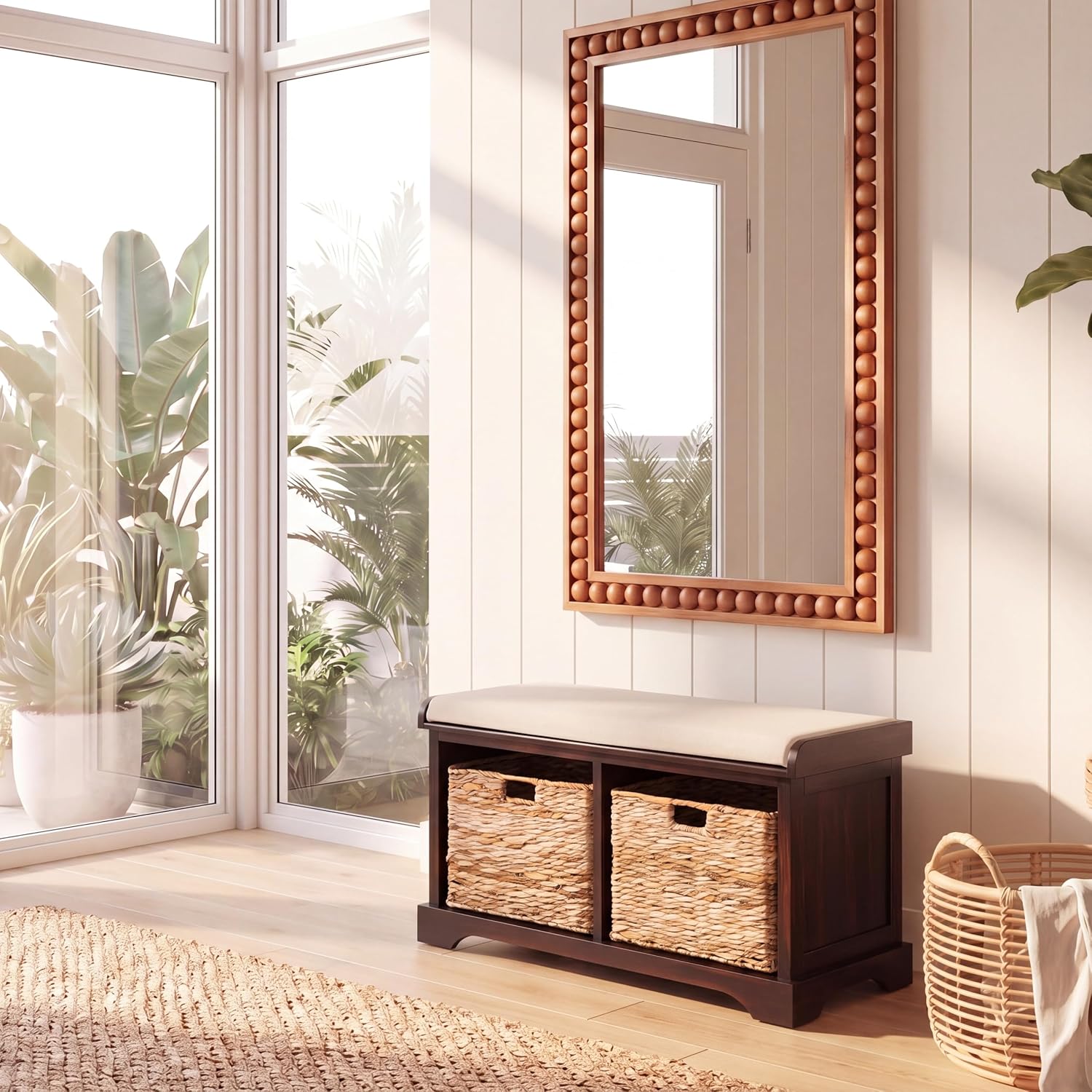 SAFAVIEH Home Collection – Freddy Brown Storage Bench with Wicker Baskets & Cushion, Entryway Seating Bench, Fully Assembled (AMH5736A)