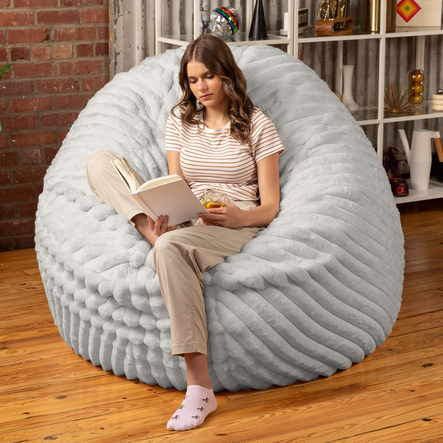 Jaxx 6 Foot Cocoon - 2-in-1 Convertible Bean Bag Bed & Large Bean Bag Chair for Adults, Premium Luxe Faux Fur - Mondo Grey