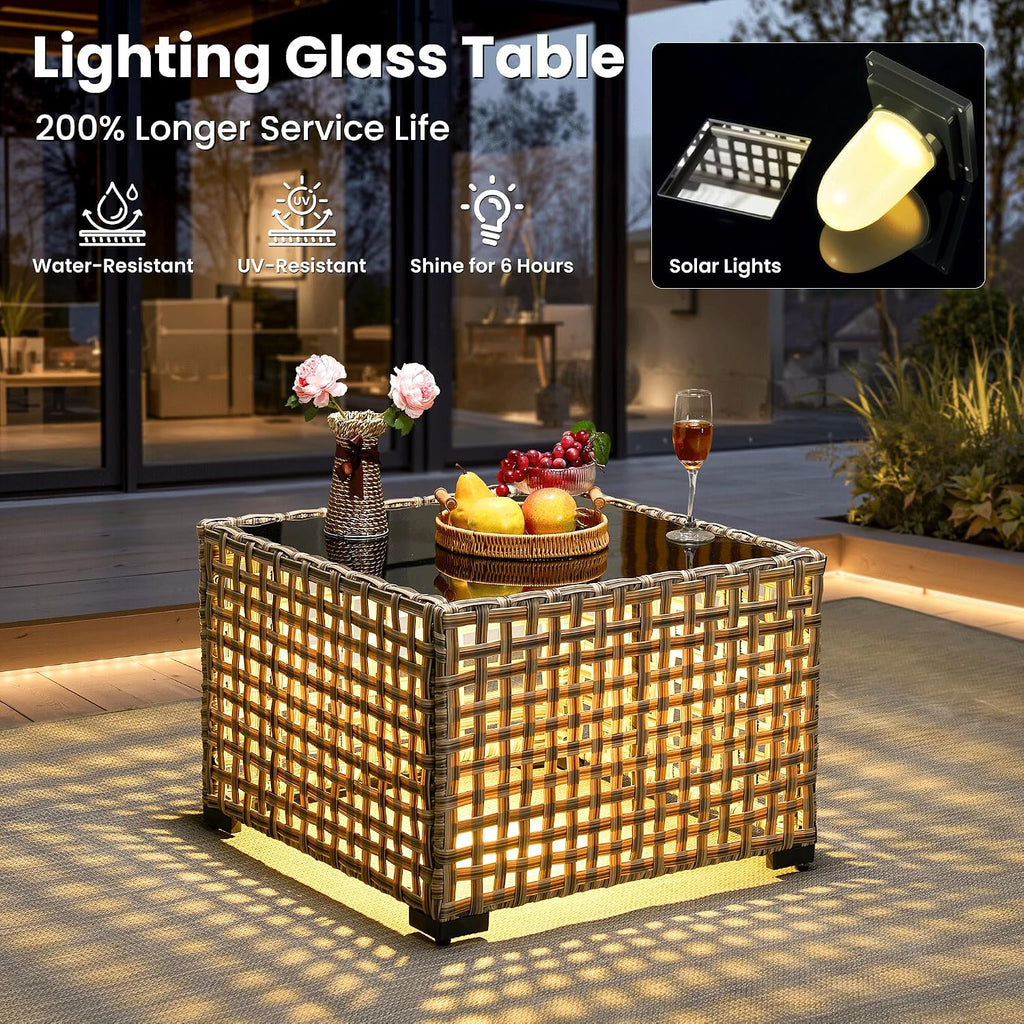 ovios Outdoor Side Table with Tempered Glass Top, Patio Wicker Rattan Solar Lights Tables for All-Weather Porch Deck Balcony Garden Poolside (Mixed Brown-Medium Size)
