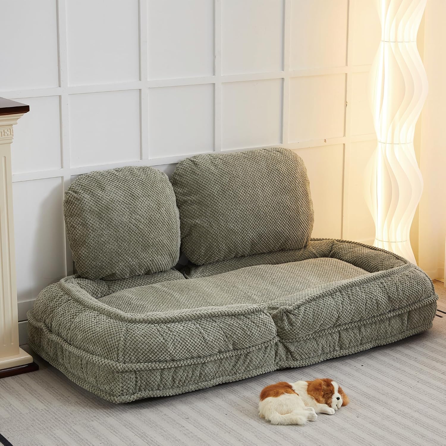 Floor Chair with Back Support, Folding Sofa Chair with 5 Adjustable Position, Plush Floor Gaming Chair, Meditation Chair for Lazy Boys, Human Dog Bed for Living Room, Bedroom, Lounge, Green