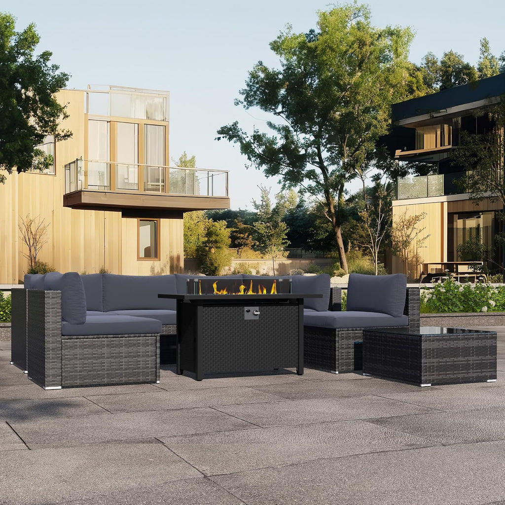 SUNVIVI OUTDOOR 8-Piece Modular Outdoor Patio Furniture Set, Wicker Outdoor Sectional Sofa with 45' Fire Pit Table, All-Weather Rattan with Cushions and Coffee Table for Porch Garden Backyard, Grey