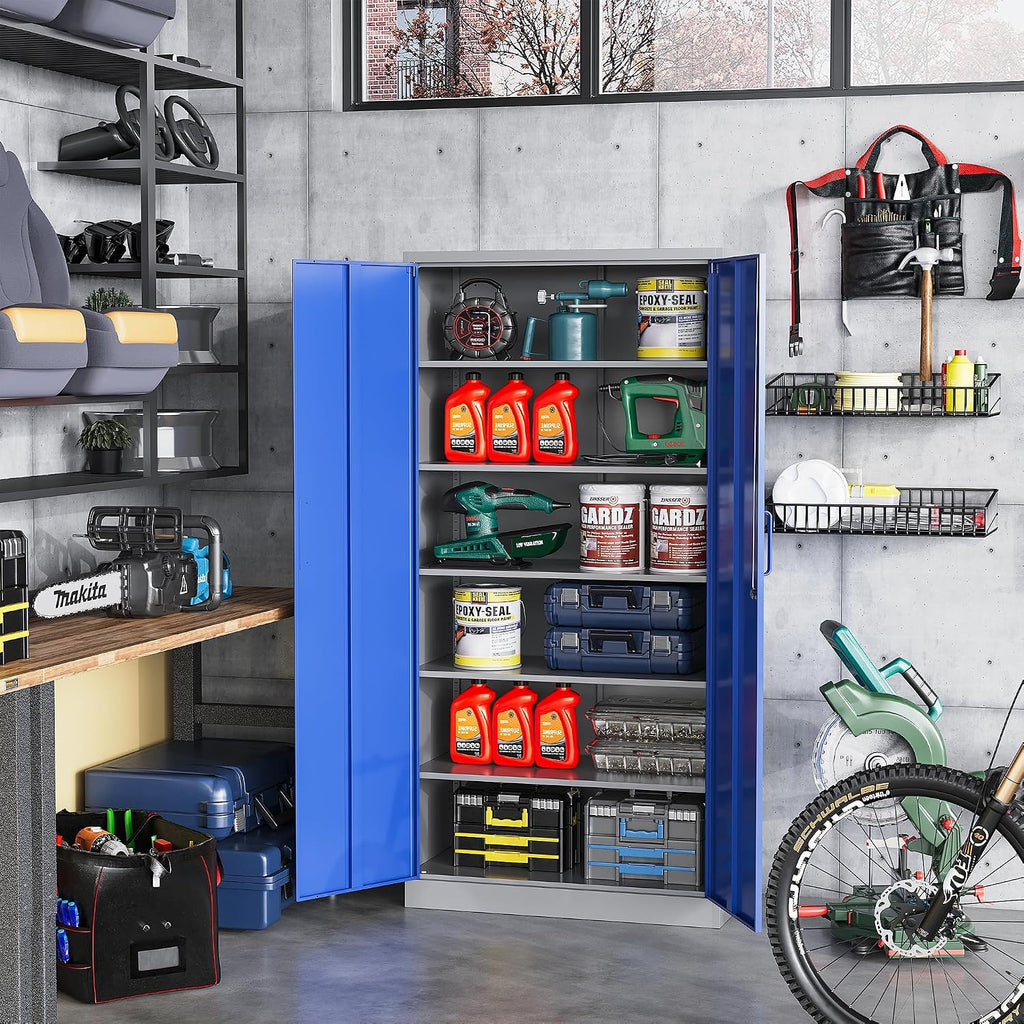 STANI Metal Garage Storage Cabinet with Lock, 71' Steel Lockable File Cabinet, Locking Steel Storage Cabinet with 5 Adjustable Shelves for Home, Office, Garage, Warehouse (Blue Grey, 2 Door - 71' H)