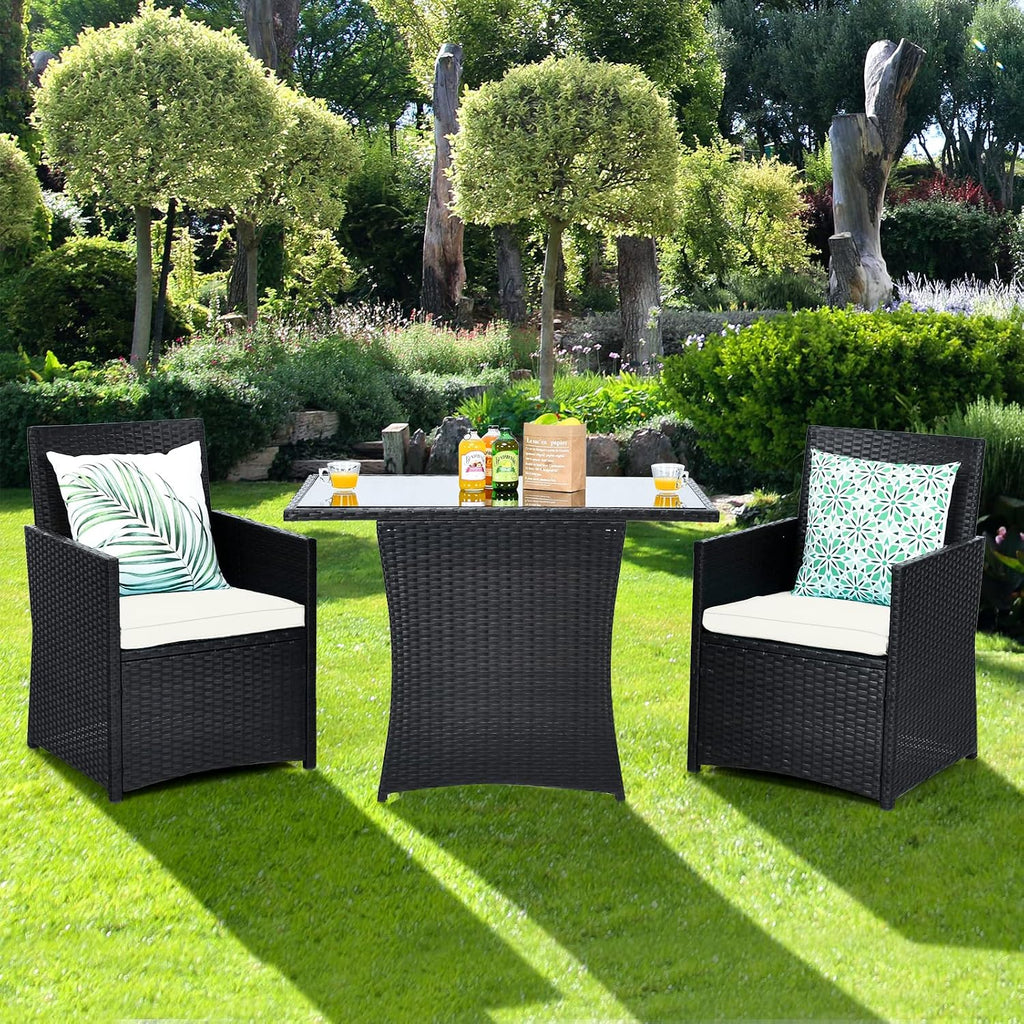 HAPPYGRILL 3 Piece Patio Furniture Set, Outdoor PE Rattan Wicker Bistro Set with Washable Cushions & Tempered Glass Table, for Backyard Porch Garden Balcony Poolside