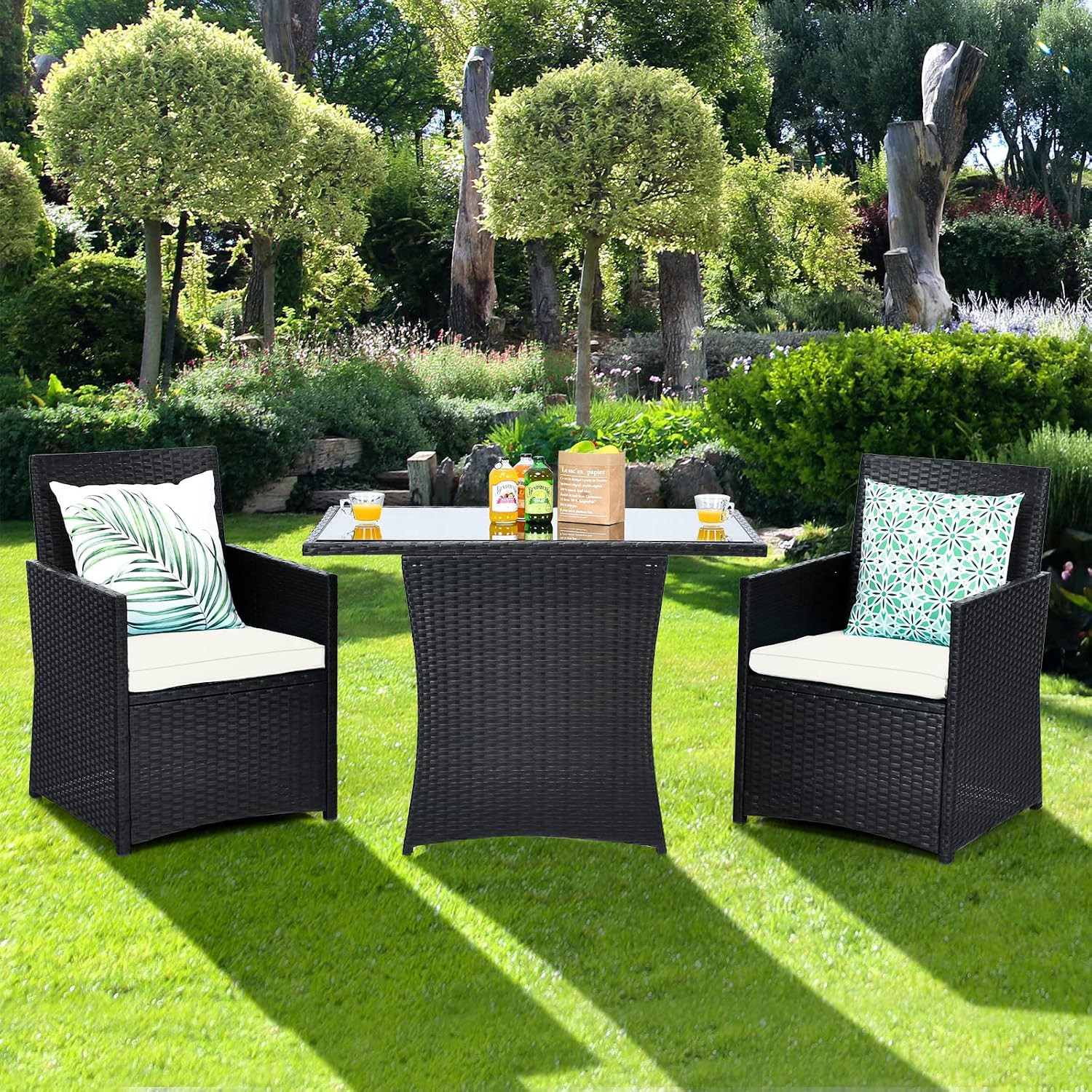HAPPYGRILL 3 Piece Patio Furniture Set, Outdoor PE Rattan Wicker Bistro Set with Washable Cushions & Tempered Glass Table, for Backyard Porch Garden Balcony Poolside