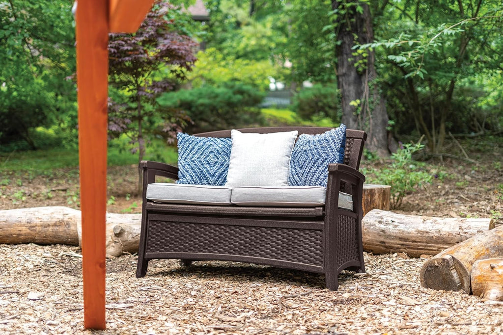 Suncast Outdoor Wicker Love Seat with 23-Gallon Storage, Comfortable Seating for Two, Ergonomic Back Support, All-Weather Furniture for Patio, Deck, and Garden, Java, Made in The USA