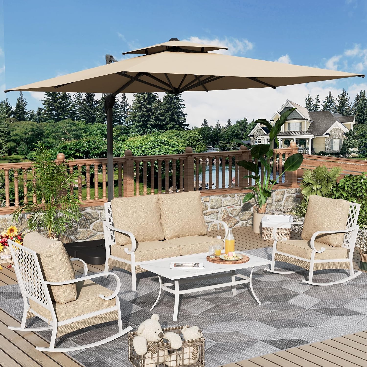 MIXPATIO 4 Piece Patio Furniture Set, 2 x Rocking Chair, 1 x 2-Seat Sofa with Marbling Coffee Table, All Cushioned 4 Seats Outdoor Conversation Set for Lawn Garden Backyard, Beige