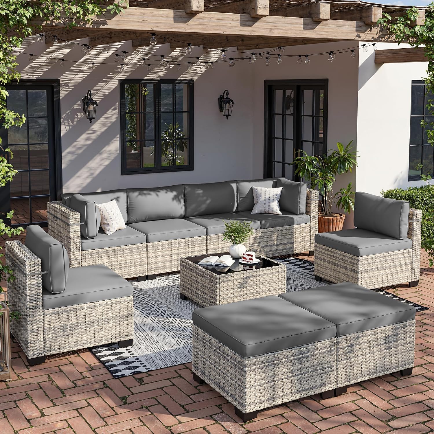 9-Piece Patio Furniture Set, Outdoor Sectional with Ottomans, Modular Patio Sofa, Dual-Strand Wicker Rattan, Rust-Resistant Frame, Backyard Furniture for Garden, Deck, Gray