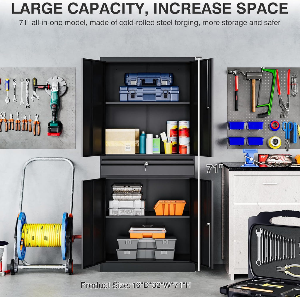 SISESOL Metal Garage Storage Cabinet with Drawer and Lock,Black Metal Storage Cabinet with Locking Doors and Adjustable Shelves,71' Tall Large Steel Tool Cabinets for Home,Office,Garage,Shop