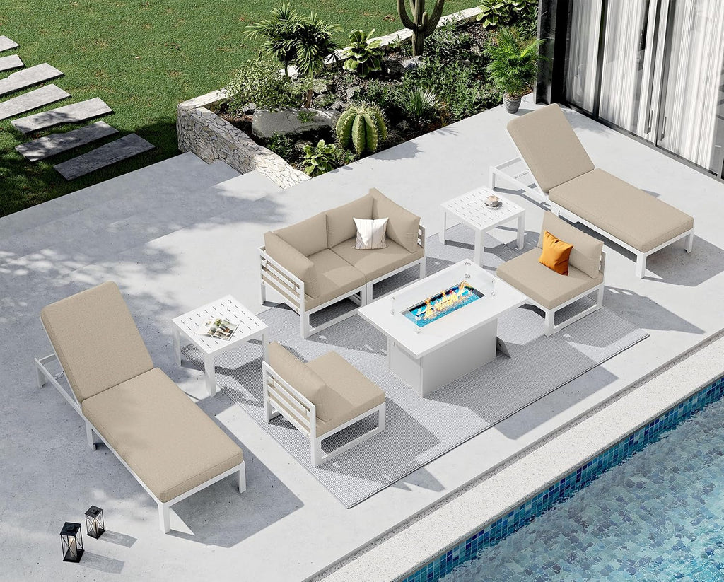 NICESOUL 9 Piece Oversized Modular Aluminum Outdoor Furniture Set with Chaise Lounge, 29' Deep and Wide Sectional Seating, 500 lbs High Weight Capacity Patio Conversation Set for Poolside Deck, Beige