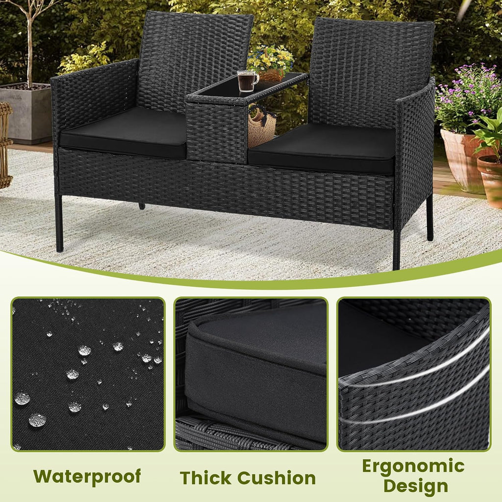 Kromax Wicker 2 Seat Patio Loveseat, Outdoor Rattan Loveseat with Table, Washable Cushion Covers, Backyard, Garden, Lawn, Black Rattan with Black Cushion