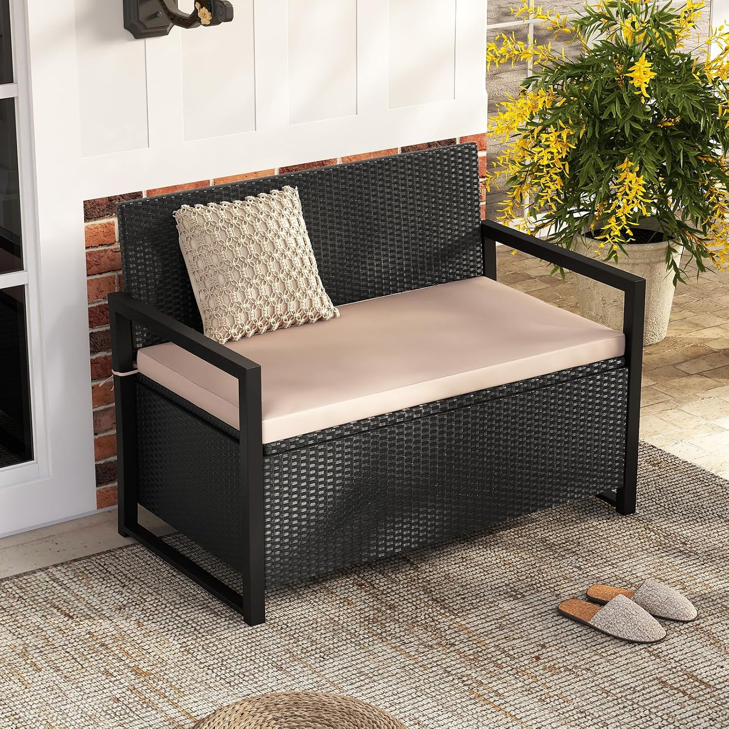 RELAX4LIFE Wicker Outdoor Bench with Storage - Rattan Deck Box w/Protective Liner for Pillows, Pool Supplies, Garden Tools, Patio Loveseat with Seat Cushion & Metal Armrests for Backyard Porch Balcony