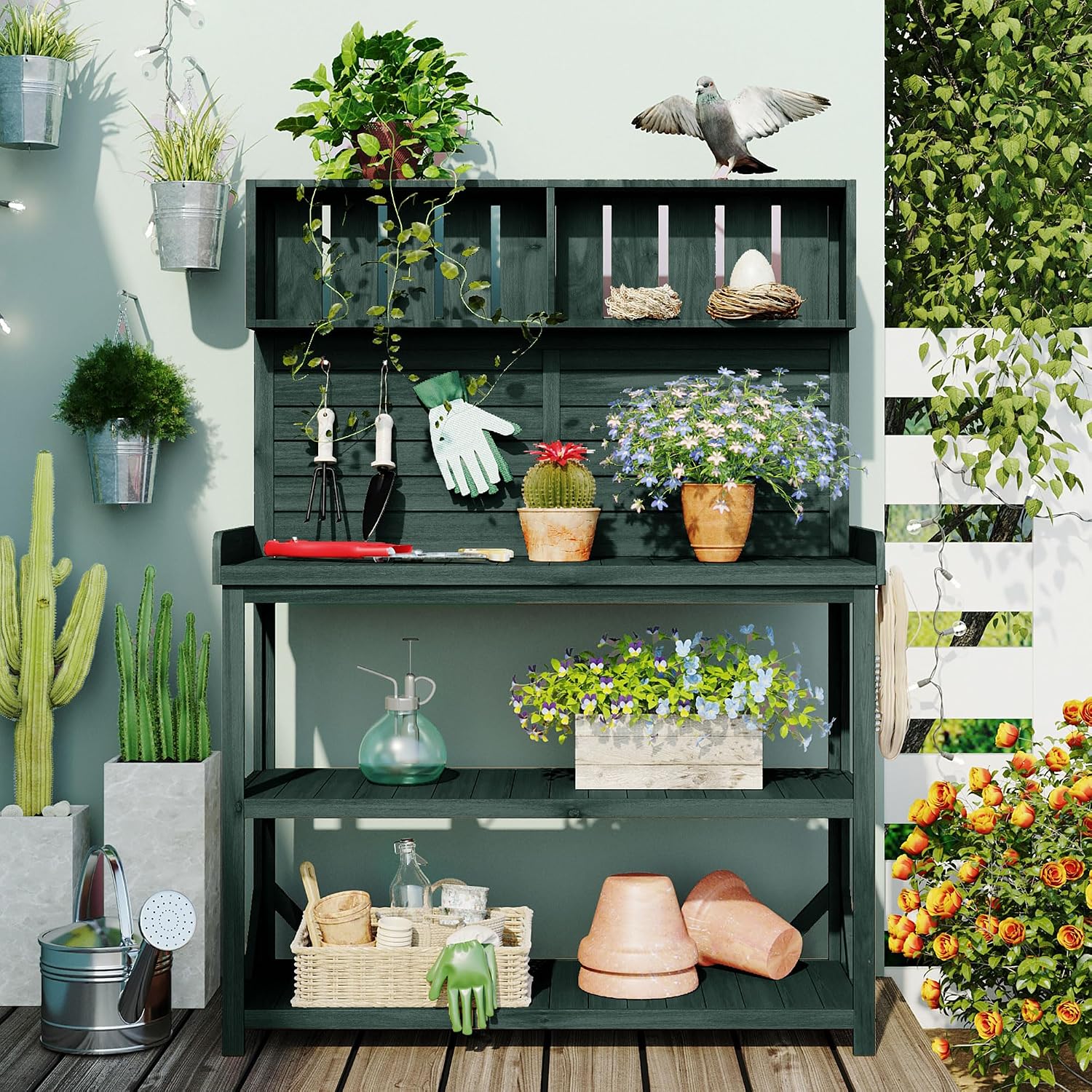 Harper & Bright Designs 65' Large Wooden Farmhouse Rustic Outdoor Potting Bench Table with 4 Storage Shelves and Side Hook, Patio Workstation, for Garden, Backyard, Forest Green