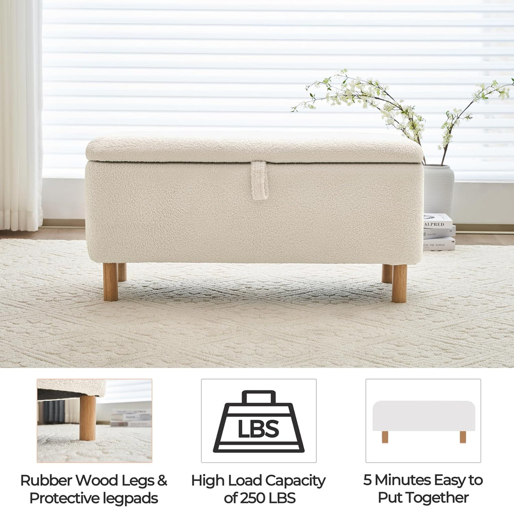 Boucle Storage Ottoman Bench for Bedroom end of Bed, Sherpa Upholstered Shoe Seat Storage Bench for Entryway Bed Foot, Rectangle Cushion Padded Blanket Chest Cute for Living Room, White