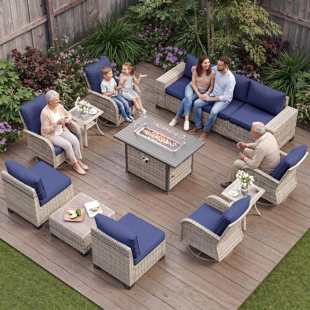 13-Piece Outdoor Patio Furniture Set with Rocking Swivel Chair, PE Wicker Rattan Sectional Sofa Patio Conversation Set with 55,000 BTU Fire Pit Table & Coffee Table, Navy Blue