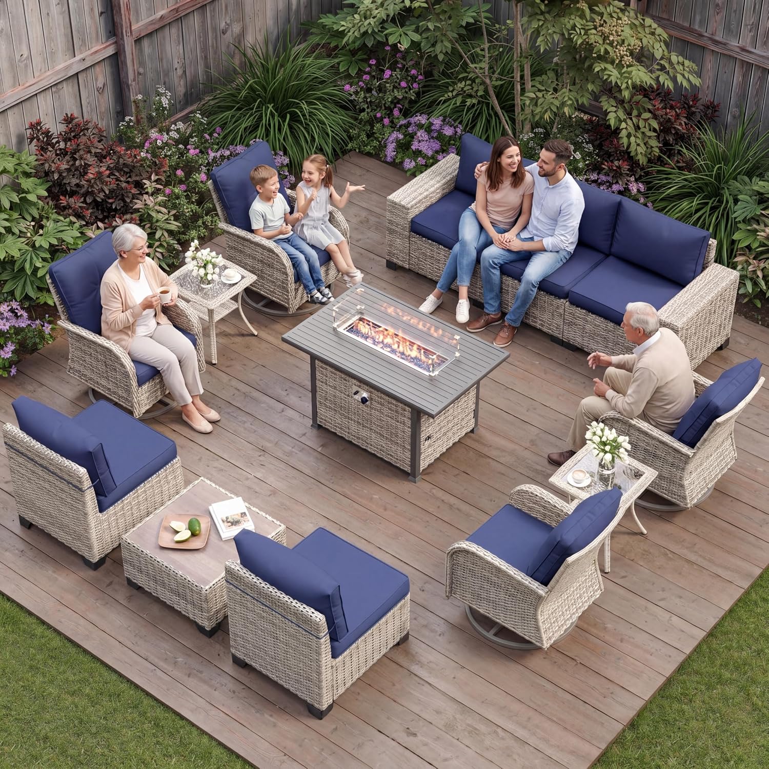 13-Piece Outdoor Patio Furniture Set with Rocking Swivel Chair, PE Wicker Rattan Sectional Sofa Patio Conversation Set with 55,000 BTU Fire Pit Table & Coffee Table, Navy Blue