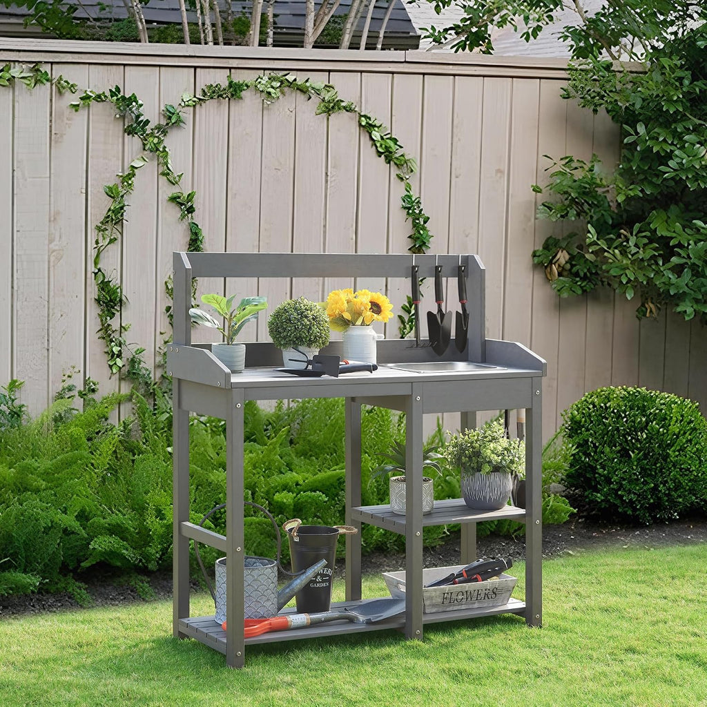 Psilvam Outdoor Potting Bench with Sink, Rot-Resistant HDPS Potting Table for Outside Garden, All-Weather Use, (Grey)