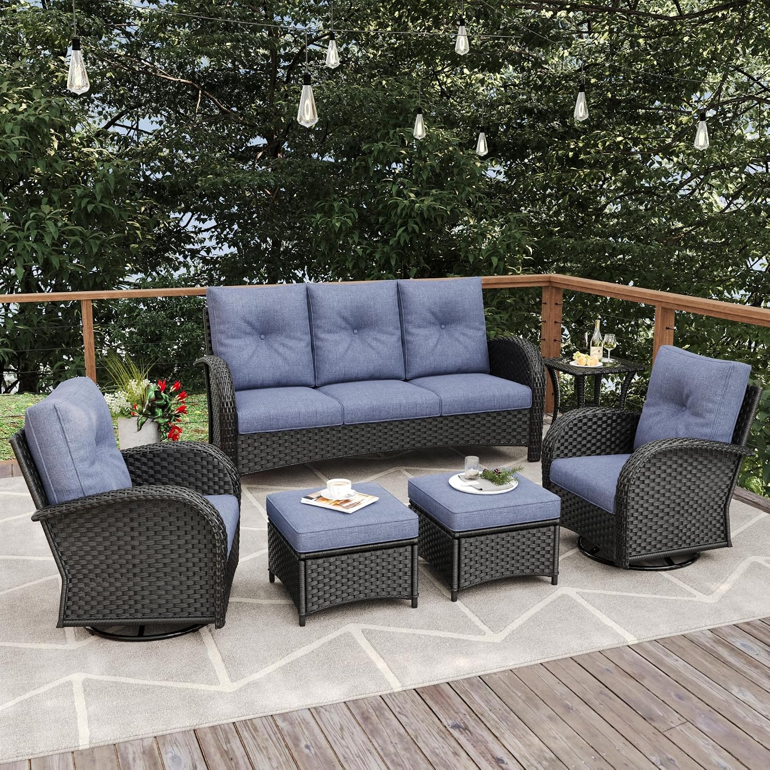 6 Pieces Patio Furniture Sets, Wicker Rattan High Back Outdoor Swivel Rocking Chairs Set with 3-Seat Couch, Ottomans and Side Table