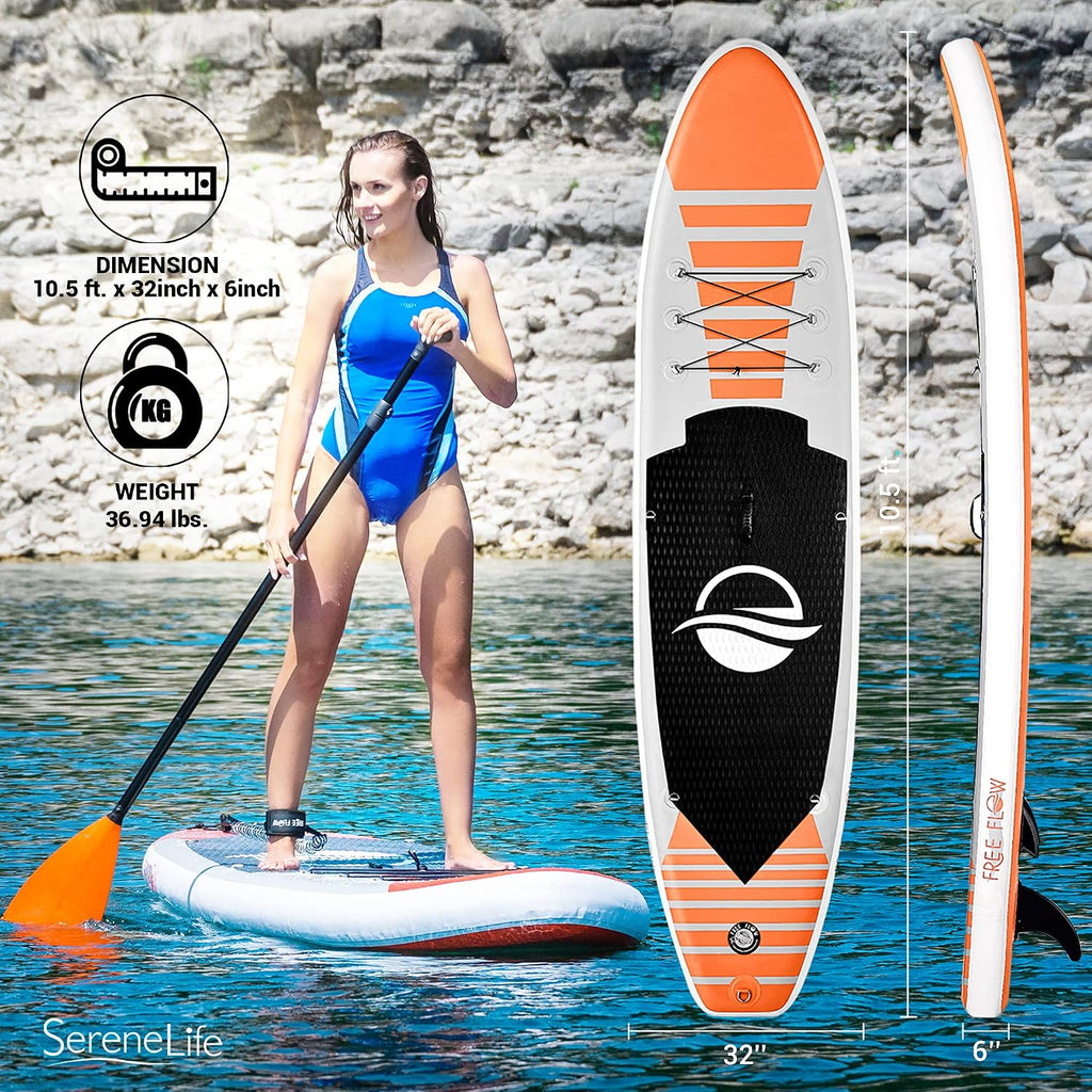 SereneLife Inflatable Stand Up Paddle Board and Detachable Seat - SUP Paddleboard Set for Adults and Youth, 32' Wide Design with Non-Slip EVA Deck Pad and Marine-Grade Materials, 350 lbs Capacity