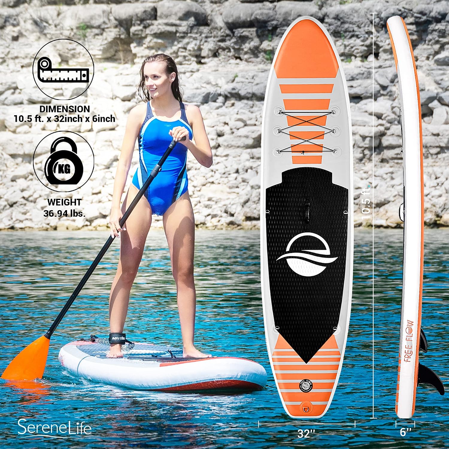 SereneLife Inflatable Stand Up Paddle Board and Detachable Seat - SUP Paddleboard Set for Adults and Youth, 32' Wide Design with Non-Slip EVA Deck Pad and Marine-Grade Materials, 350 lbs Capacity