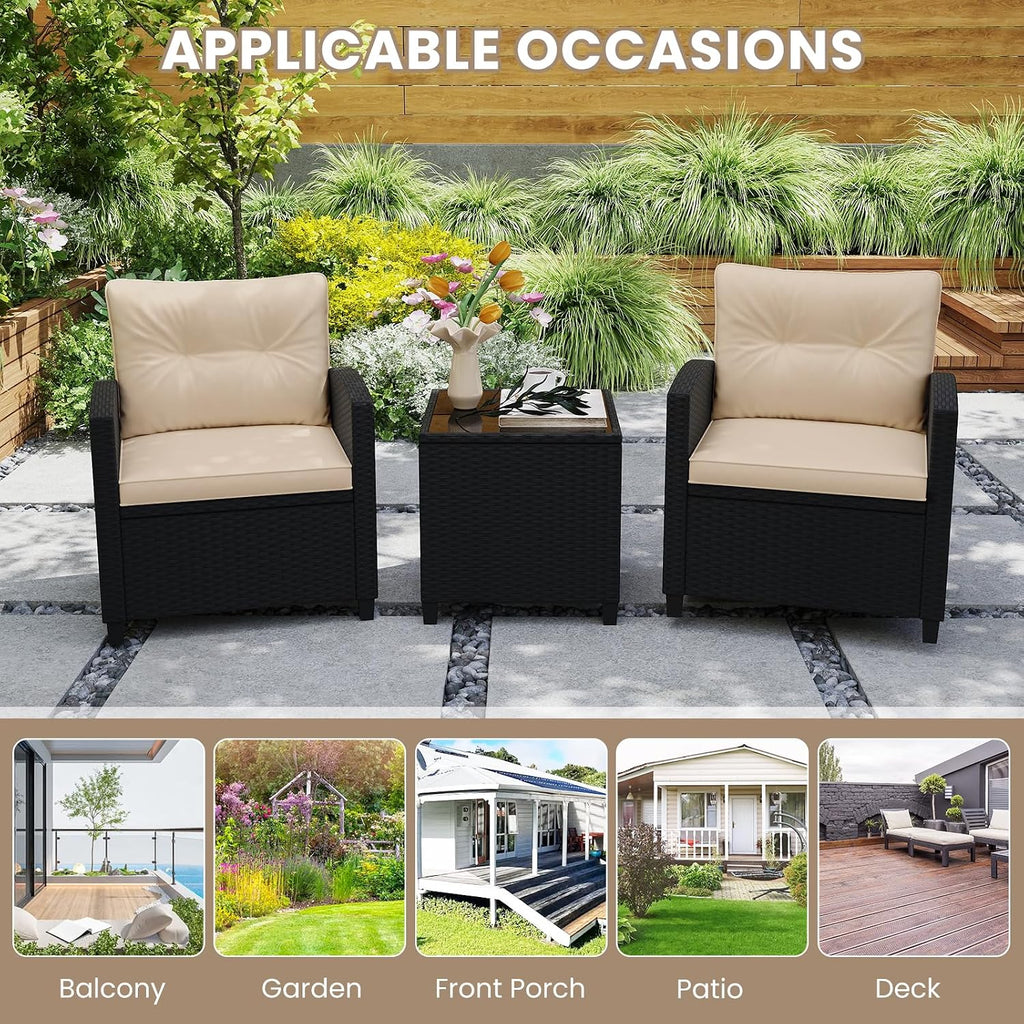 ORALNER 3 Pieces Patio Furniture Set, Wicker Conversation Set Outdoor Chairs with Cushions, Glass Coffee Table, Rattan Bistro Set for Front Porch Balcony Garden Deck Poolside (Khaki)