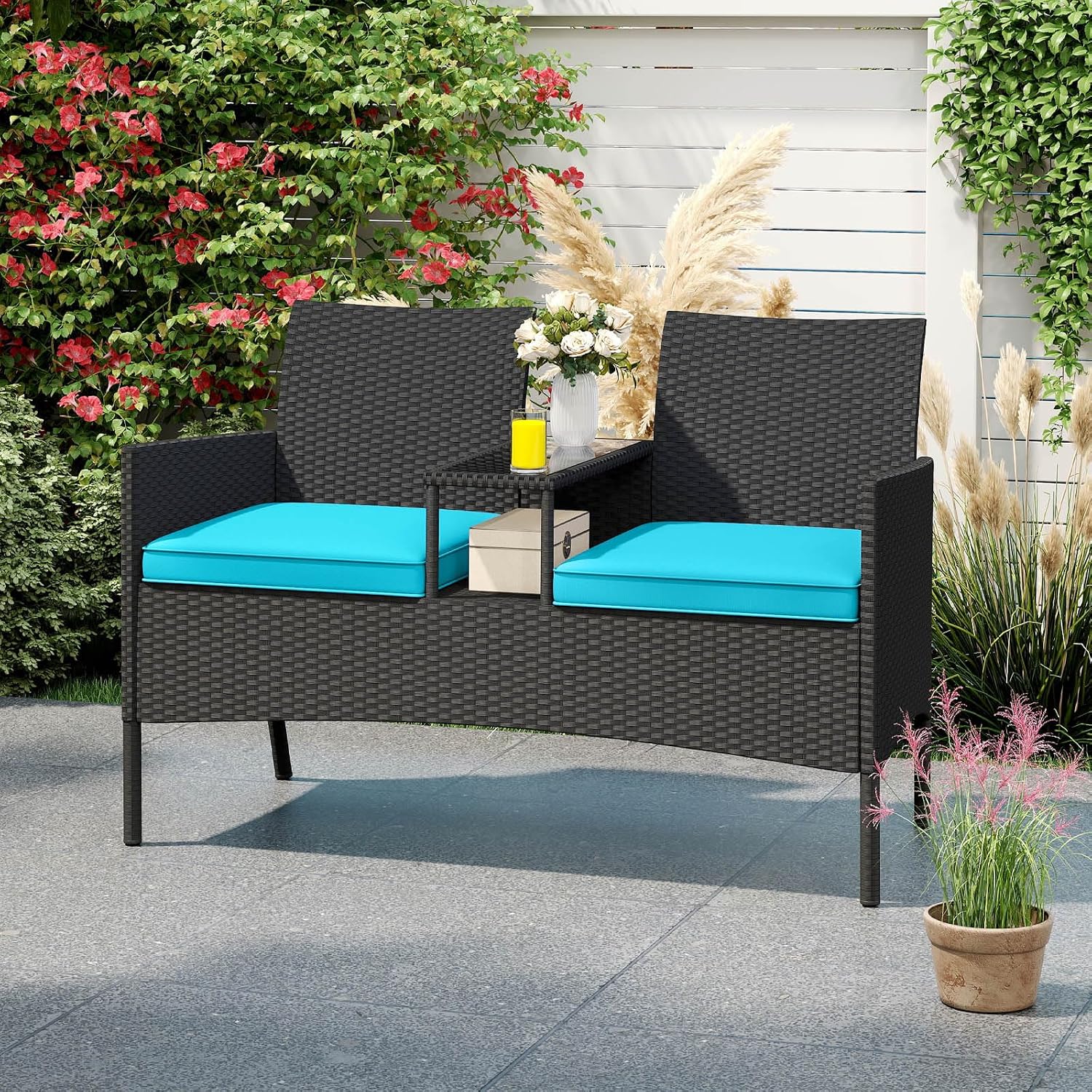 Tangkula Patio Loveseat with Built-in Table, Wicker 2-Seat Furniture with Soft Cushions & Tempered Glass Tabletop, Metal Frame Outdoor Conversation Seating Bench for Backyard, Porch