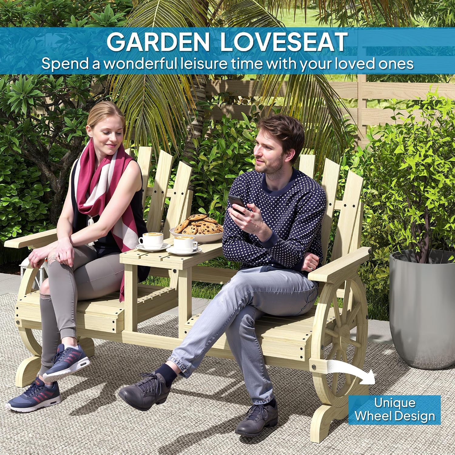 Outsunny Wooden Garden Bench with Table, Umbrella Hole, 2-Seater Wagon Wheel Outdoor Bench with Slatted Seat, High Backrest, Armrests for Backyard, Patio, Garden, Natural Wood