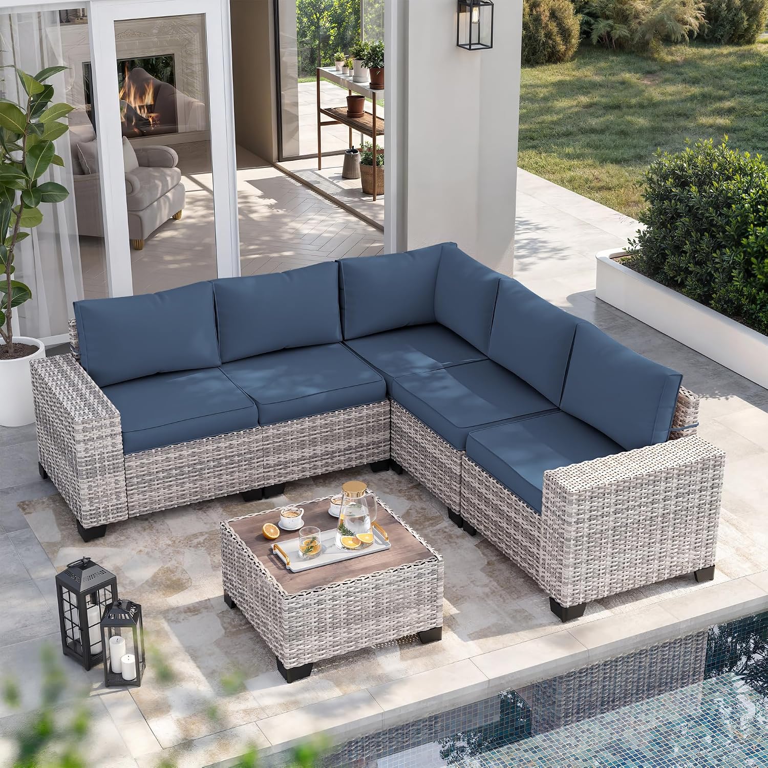 6-Piece Outdoor Patio Furniture Set Wicker Rattan Sectional Sofa Set, Patio Conversation Set with Thickened Cushions & Coffee Table for Garden, Backyard, Navy Blue