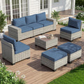 8-Piece Outdoor Patio Furniture Set Wicker Rattan Sectional Sofa Set with Ottomans, Patio Conversation Set with Thickened Cushions & Coffee Table for Garden, Backyard, Navy Blue