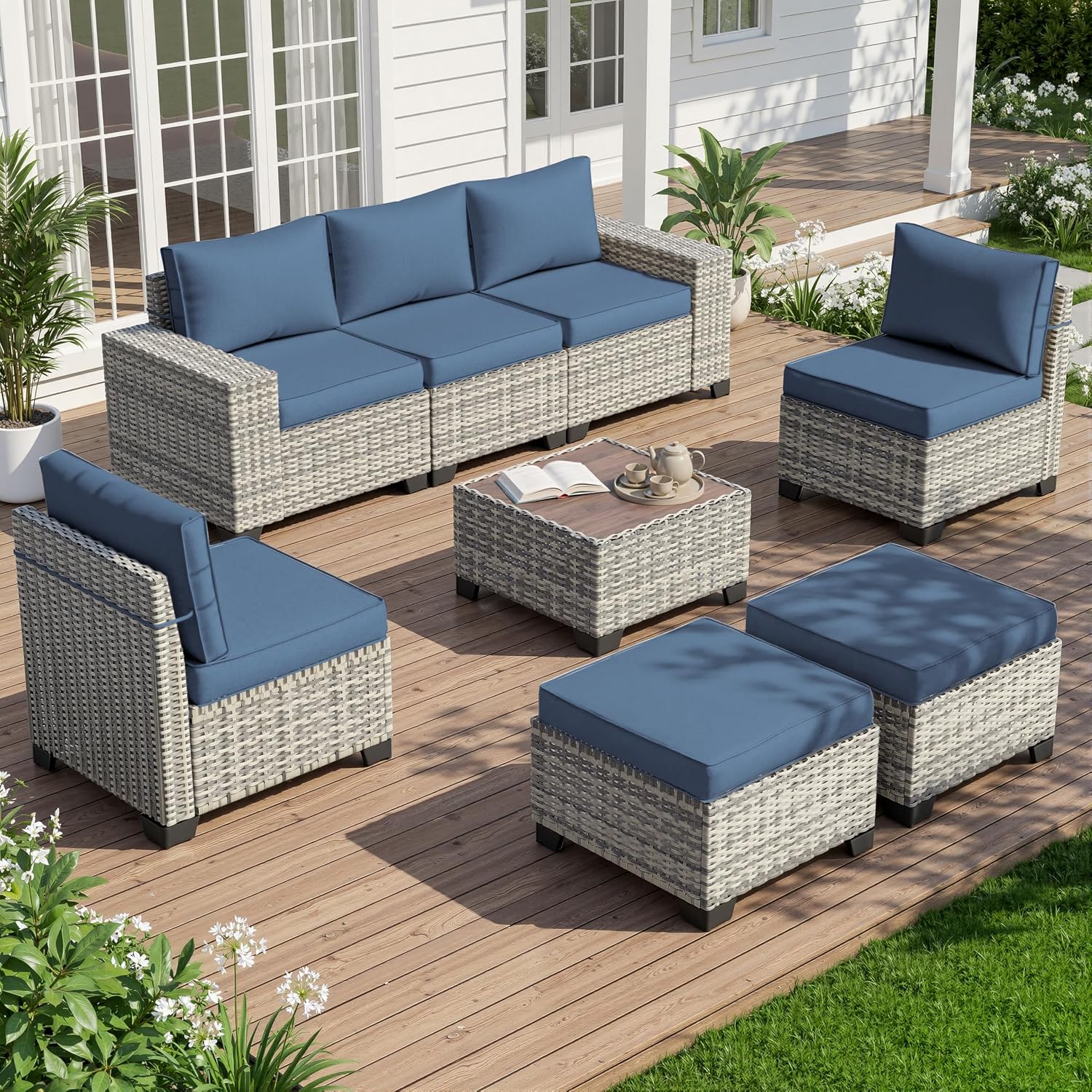 8-Piece Outdoor Patio Furniture Set Wicker Rattan Sectional Sofa Set with Ottomans, Patio Conversation Set with Thickened Cushions & Coffee Table for Garden, Backyard, Navy Blue