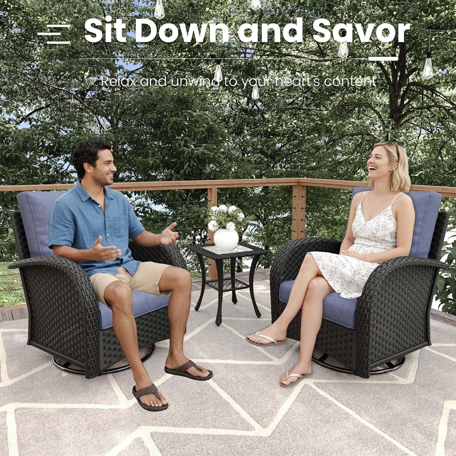 6 Pieces Patio Furniture Sets, Wicker Rattan High Back Outdoor Swivel Rocking Chairs Set with Side Table