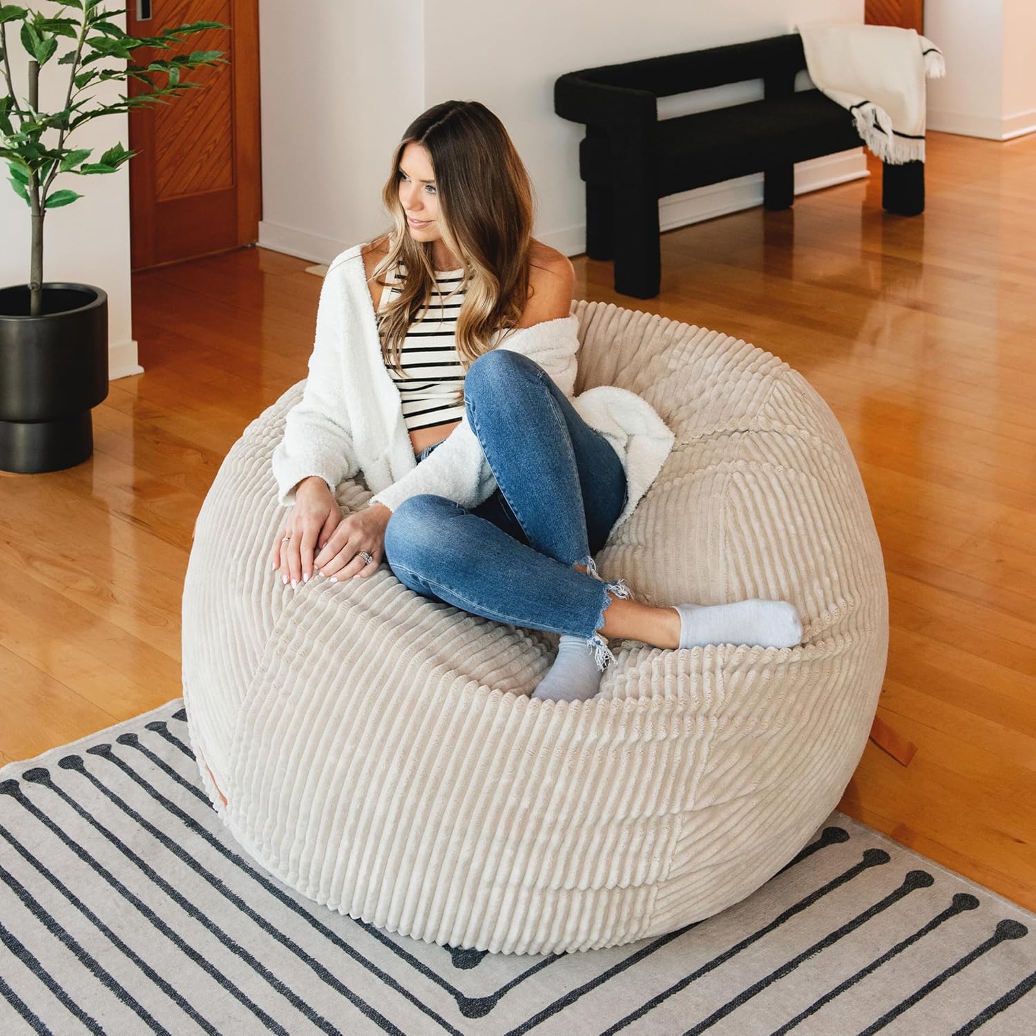 Big Joe Fuf 5Ft Oversized Foam Bean Bag Chair with Removable Cover for Kids, Teens, Adults, Vanilla Latte, Corded Plush, 5 Foot Large Reading and Gaming Seat