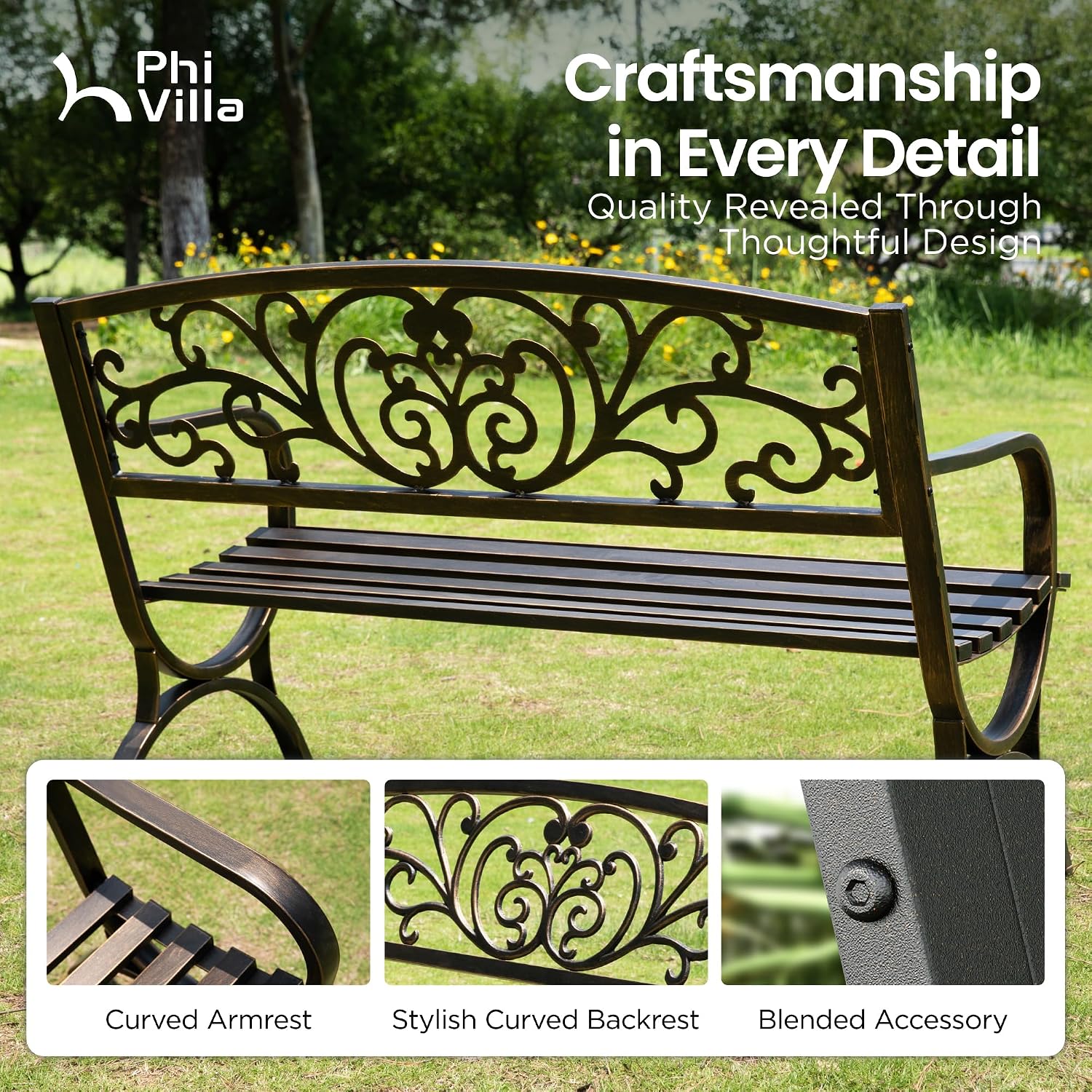 PHI VILLA 50Inch Cast Iron Steel Frame Garden Bench Patio Furniture Chair Outdoor Bench w/Floral Design Backrest, Slatted Seat for Park, Yard & Porch, Bronze