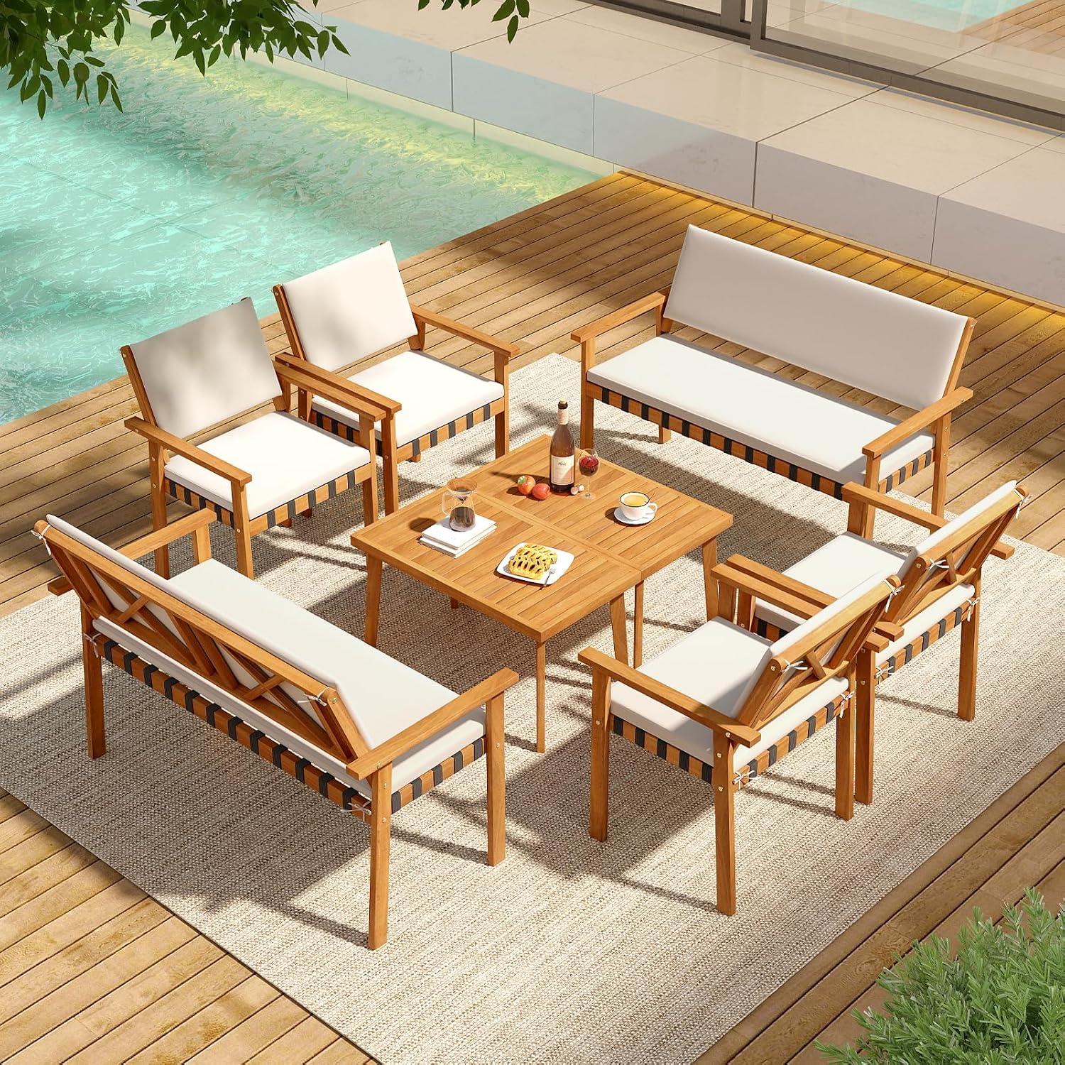 Tangkula 8 Pieces Wood Patio Furniture Set, Outdoor Acacia Wood Cuhioned Conversation Set with Coffee Table, for Backyard,Porch,Garden,Lawn