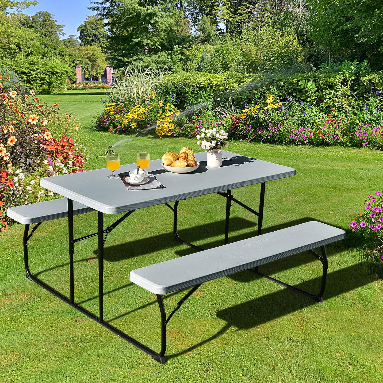 Giantex Folding Picnic Table Bench Set, Outdoor Dining Table Set, Large Camping Table for Patio Lawn Garden Poolside, Portable Picnic Tables, Weather Resistant Metal Frame (Folding Legs Design, Gray)