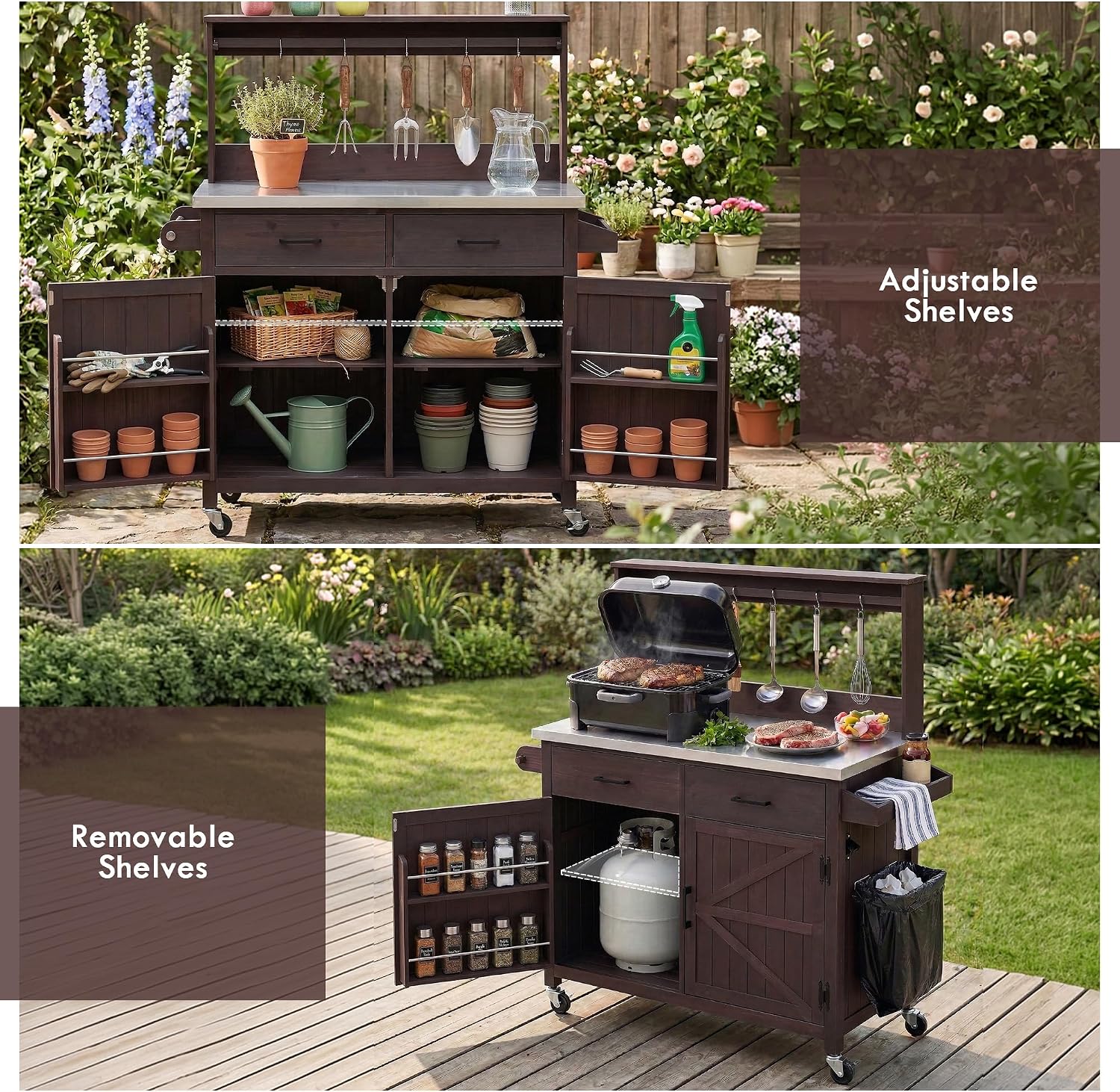 LUMISOL Outdoor Grill Cart with Stainless Steel Top, Solid Wood Kitchen Island with Lockable Wheels & High Shelf, Large Outdoor Potting Bench Table with Storage Cabinet & Towel Rack, Brown