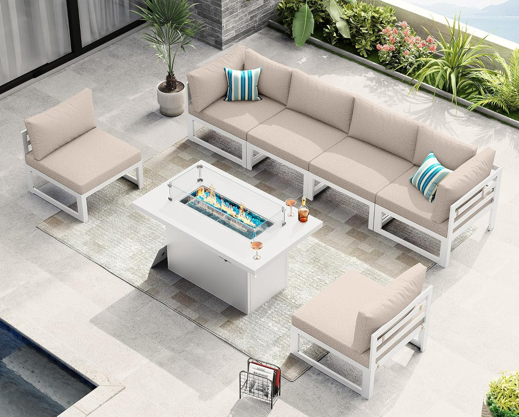 NICESOUL 6 People Large Luxury Aluminum Patio Conversation Set with Fire Pit Table Propane/Gas, 29' Deep Wide U Shaped Sectional Couch, 500 lbs Heavy Duty All Weather Outdoor Sofa for Backyard, Beige