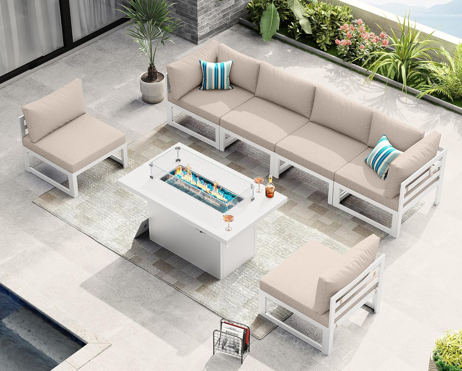 NICESOUL 6 People Large Luxury Aluminum Patio Conversation Set with Fire Pit Table Propane/Gas, 29' Deep Wide U Shaped Sectional Couch, 500 lbs Heavy Duty All Weather Outdoor Sofa for Backyard, Beige