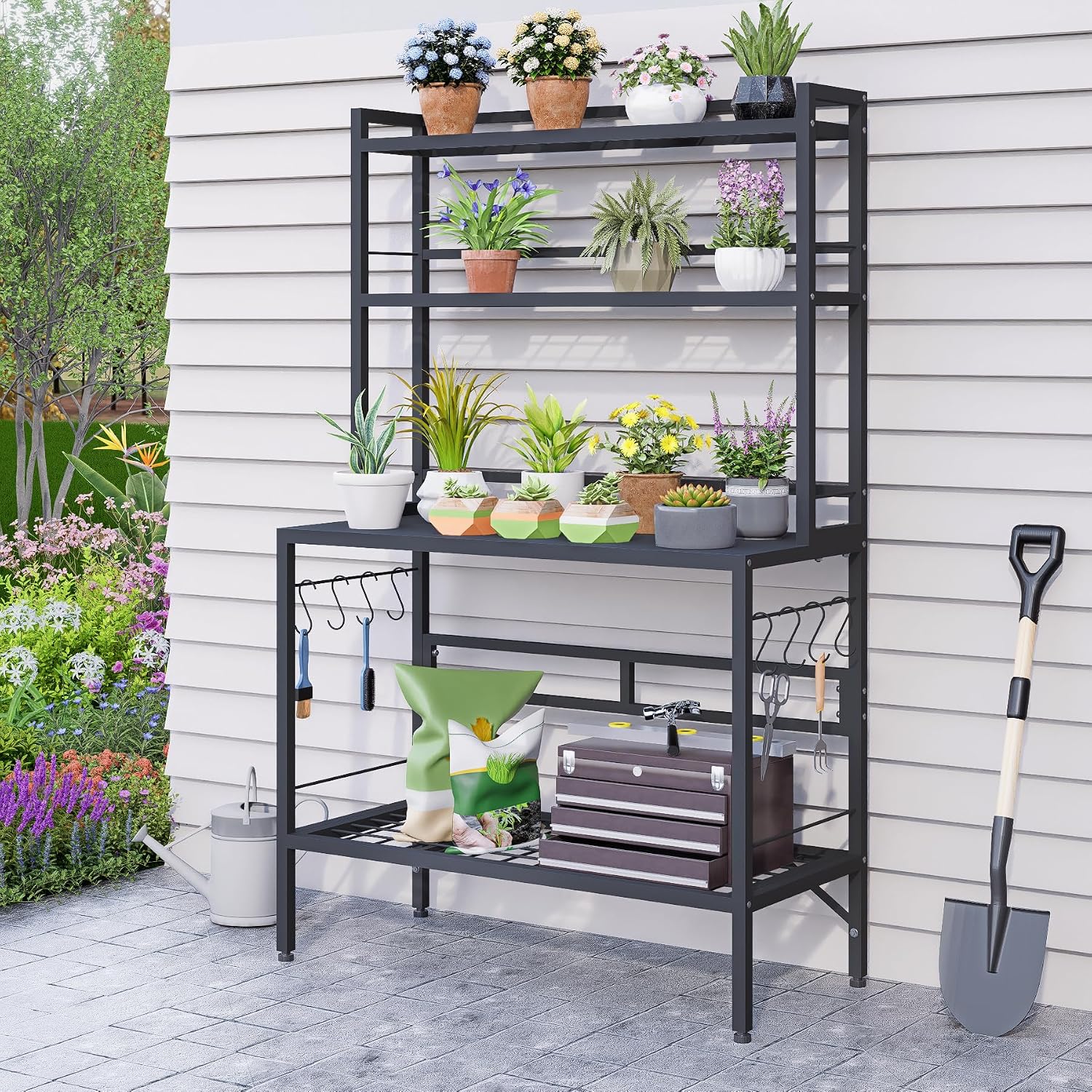 Outdoor Potting Bench Table with Storage, 63' Tall Metal Garden Workstation, 4-Tier Plant Stand Shelves with 8 Hooks, Heavy Duty All-Weather Potting Table for Patio, Backyard, Balcony, Gray
