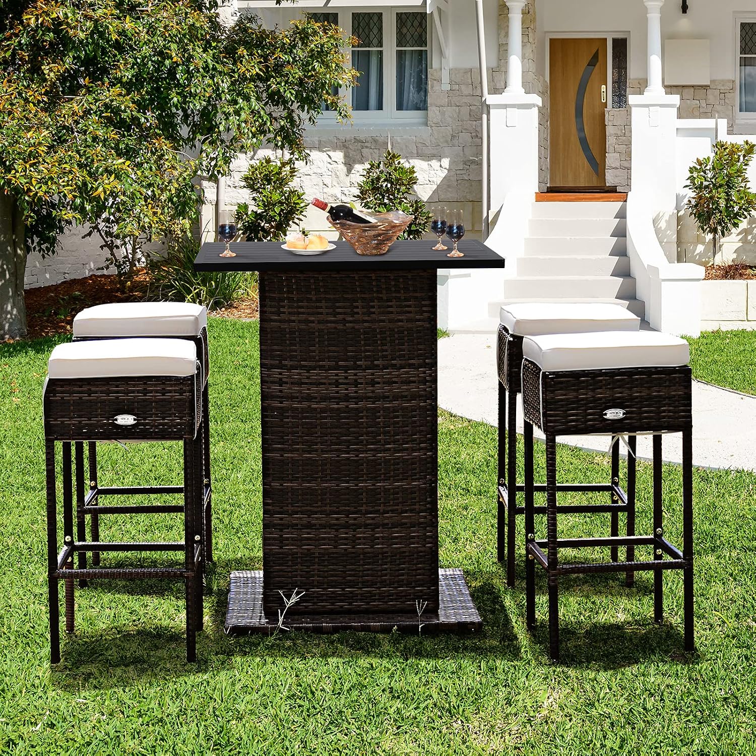 Tangkula 5 Piece Outdoor Rattan Bar Set, Patio Bar Furniture with 4 Cushions Stools and Smooth Top Table with Hidden Storage Shelf, Outdoor Conversation Set for Poolside, Backyard, Lawn