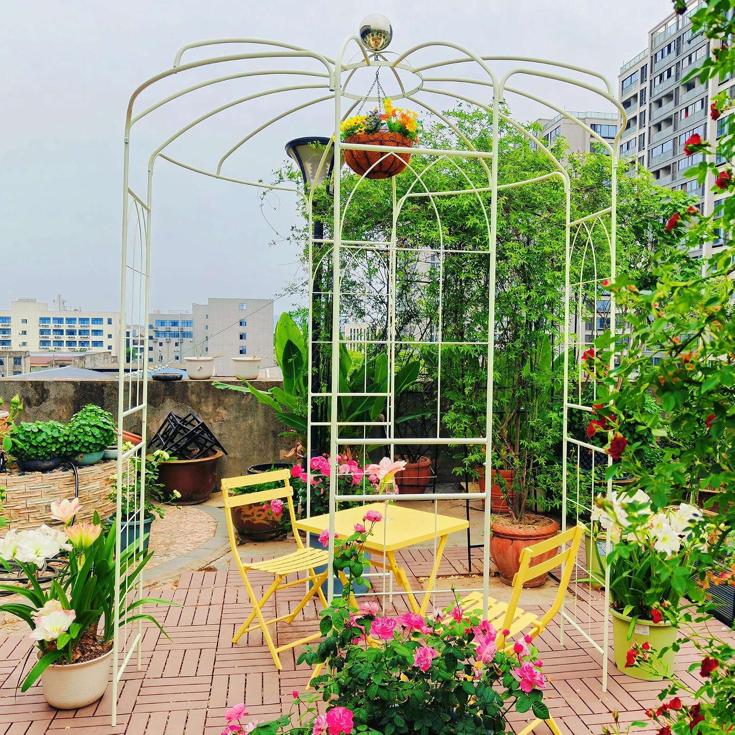 Metal Garden Arch Birdcage Pergola, 6.8ft Diameter x 9.5ft High Outdoor Iron Garden Arbor for Wedding Ceremony, Yard, Patio, Gazebo Pavilion (Cream White)