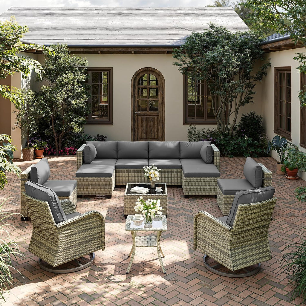 12-Piece Patio Furniture Set, Outdoor Patio Furniture with Swivel Chairs Set, Ottomans, Modular Patio Sofa, Dual-Strand Wicker Rattan, Rust-Resistant Frame, Grey