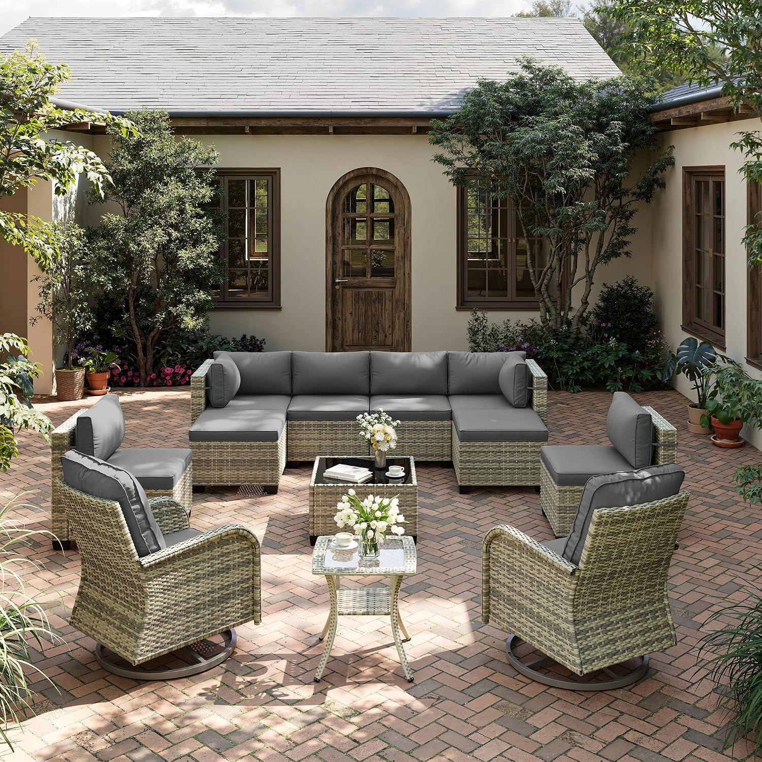 12-Piece Patio Furniture Set, Outdoor Patio Furniture with Swivel Chairs Set, Ottomans, Modular Patio Sofa, Dual-Strand Wicker Rattan, Rust-Resistant Frame, Grey