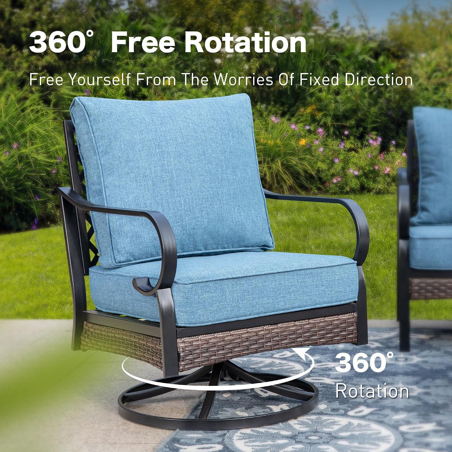 SUNSHINE VALLEY 4 Piece Metal Outdoor Patio Furniture Sets with Firepit Table, Patio Conversation Sets 1 3-Seater Sofa, 2 Swivel Sofa with 5.75' Thick Cushion Backyard Furniture for Deck, Denim Blue
